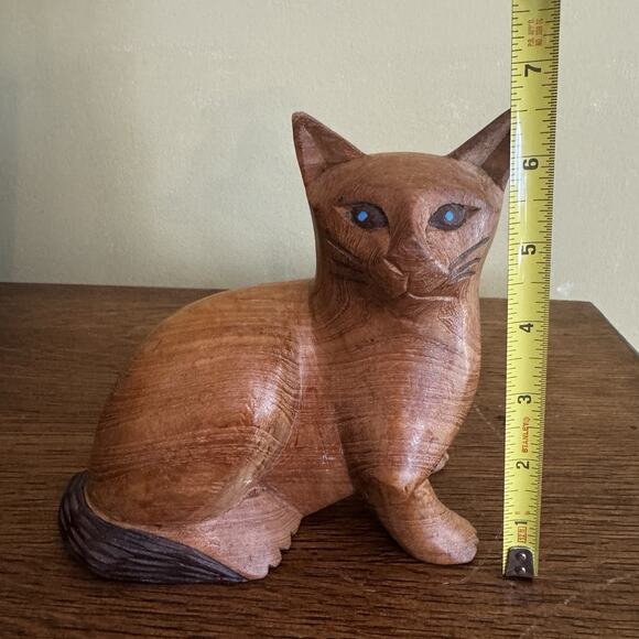 Vintage Hand Carved Wood MCM Cat Statue Figurine Boho Rustic Mid Century Modern - Picture 15 of 16